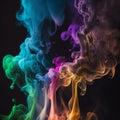 Abstract design of a colorful smoke cloud. Colorful rainbow of dust particles closeup on black background