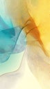 Abstract design features flowing, translucent layers in shades of blue, orange, and
