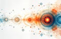 Abstract design features interconnected circles, lines. Colorful circles, lines create network design on white background. Vivid