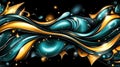 Abstract design featuring flowing shapes in teal and gold against a black background Royalty Free Stock Photo