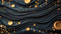 Abstract design of flowing black waves with golden circles and sparkles creating a dynamic and modern artistic composition Royalty Free Stock Photo