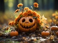 Abstract design, garden pumpkin with big eyes and smile, decorated with orange flowers, AI generated illustration