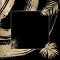 Abstract design of golden frame, dynamic waves on black backround and of palm tree leaves