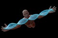 DNA molecules and human in 3D illustration.