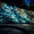 Abstract design illustration on retaining walls of an oceanic caustic mapped projection park.