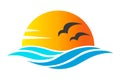 Abstract design of ocean icon or logo with sun, sea waves, sunset and seagulls silhoutte in simple flat style. Concept