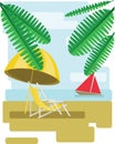 Abstract design with palm leaves, sand, beach umrella and chair and view to the sea with a red boat