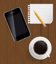 Abstract design phone, coffee, pencil, blank page Royalty Free Stock Photo