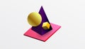 Abstract design showcasing isometric cubes, pyramids, squares, and spheres in a vibrant 3D layout. Modern and dynamic