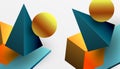 Abstract design showcasing isometric cubes, pyramids, squares, and spheres in a vibrant 3D layout. Modern and dynamic