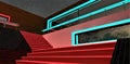 Abstract design of the stylish staircase with red glowing steps. Turquoise illumination of the mirrored window frames against the Royalty Free Stock Photo