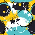 Abstract design template. Retro style background. Brush strokes design template with circle and stars. Artistic color brushed blue Royalty Free Stock Photo