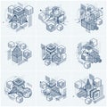Abstract designs with 3d linear mesh shapes and figures, vector isometric backgrounds. Cubes, hexagons, squares, rectangles and