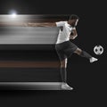 Abstract desing, concept of sport, action, motion in sport. Young african football, soccer player in neon light on black Royalty Free Stock Photo