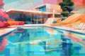 abstract desktop background of a nice modern looking luxury house with a large swimming pool surrounded by trees Royalty Free Stock Photo