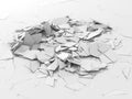 Abstract destruction white surface. Chaotic broken fragments background