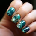 Abstract And Detailed: Green And White Marble Nails With Dark Turquoise And Indigo