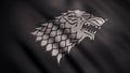 Abstract developing fabric of flag. Animation. Image of gray wolf with open mouth in rage against developing black flag