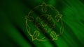 Abstract developing fabric of flag. Animation. Silhouette of beautiful golden flower on background of developing green
