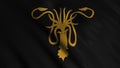 Abstract developing fabric of flag. Animation. Silhouette of golden kraken with tentacles on background of developing