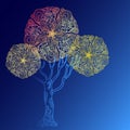 Abstract different colour doodle tree on blue background