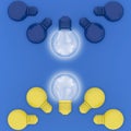 Abstract different yellow pastel Light bulbs glowing and blue Light bulbs glowing on dark blue background,minimal concept. top v