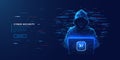 Abstract digital anonymous hacker with light blue laptop and AI chip
