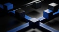Abstract digital art with blue and white cubes connected by lines on black background creating futuristic technological pattern Royalty Free Stock Photo