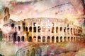 Abstract digital art of Colosseum, Rome. Old paper. Postcard, high resolution, printable on canvas