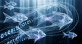 Digital Fish School Swimming in Binary Code Stream - Tech and Data Concept Royalty Free Stock Photo
