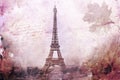 Abstract digital art of Eiffel Tower in Paris, purple. Old paper. Postcard, high resolution, printable on canvas Royalty Free Stock Photo