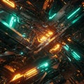 Abstract digital art featuring a complex, three-dimensional structure of metallic beams