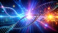 Abstract digital art featuring a glowing DNA helix amidst light rays and binary code double helix Royalty Free Stock Photo