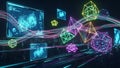 Abstract digital art featuring glowing geometric shapes and data streams against a dark background Royalty Free Stock Photo