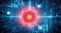 Abstract digital art featuring glowing red core with blue circuitry and resolution labels Royalty Free Stock Photo