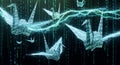 Origami Cranes Flying in Digital Matrix with Binary Code and Green Energy Flow Royalty Free Stock Photo