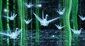 Digital Origami Cranes Flying Through Binary Code Matrix Royalty Free Stock Photo