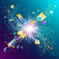 Abstract digital art featuring a vibrant explosion of geometric shapes, lines, and light against a gradient blue background Royalty Free Stock Photo