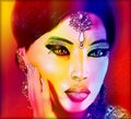 Abstract digital art of Indian or Asian woman's face, close up with colorful make up. Royalty Free Stock Photo