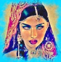 Abstract digital art of Indian or Asian woman's face, close up with colorful veil. An oil paint effect and glowing lights are Royalty Free Stock Photo