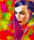 Abstract digital art of Indian or Asian woman's face, close up with colorful veil. An oil paint effect and glowing lights are Royalty Free Stock Photo
