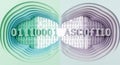 Abstract digital art with overlapping circles featuring binary code ASCOF110 in modern geometric design with wave patterns and Royalty Free Stock Photo
