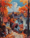 Abstract Digital Art Painting Landscape Autumn Quebec City Canada, Vibrant Orange Foliage, Colorful, Impressionist Style Royalty Free Stock Photo
