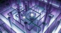 Abstract digital art of a 3D maze labyrinth with interconnected purple blue green squares and a central white sphere focal point Royalty Free Stock Photo