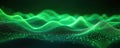 Abstract digital art shows flowing green light waves and particles. Glowing fluid forms undulate across a dark, reflective Royalty Free Stock Photo