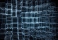 Abstract digital art transparent wireframe cubes overlapping glowing white lines dark blue background geometric pattern 3D effect Royalty Free Stock Photo