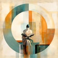 Abstract Digital Art: Woman Reading Book In Modern Geometrics