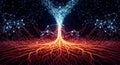 Abstract digital visualization of glowing neural network tree with blue nodes and orange root system Royalty Free Stock Photo