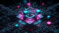 Abstract visualization of a quantum processor a deep black background.geometric shapes and floating cubes in vibrant cyan Royalty Free Stock Photo