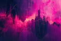 Abstract Digital Artwork Depicting a Vibrant Pink Futuristic Landscape with Dynamic Brushstrokes and Ethereal Cityscape Elements
